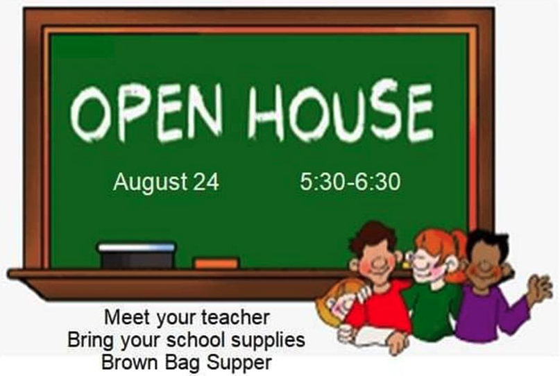 Students next to a blackboard. Open House august 24 5:30 to 6:30. Meet your teacher. Bring your school supplies. Brown Bag Supper.