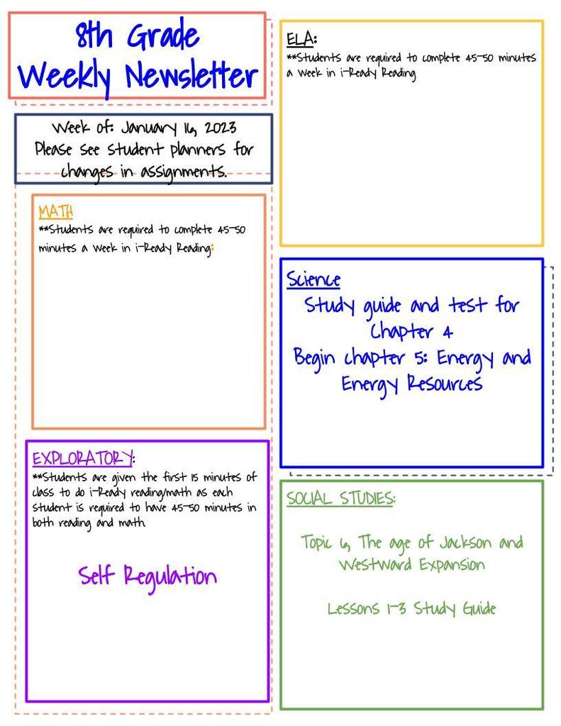 8th Grade Newsletter for the Week of 1.16.23
