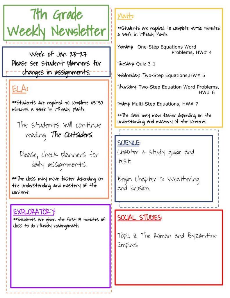 7th Grade Newsletter for the Week of 1.1.23