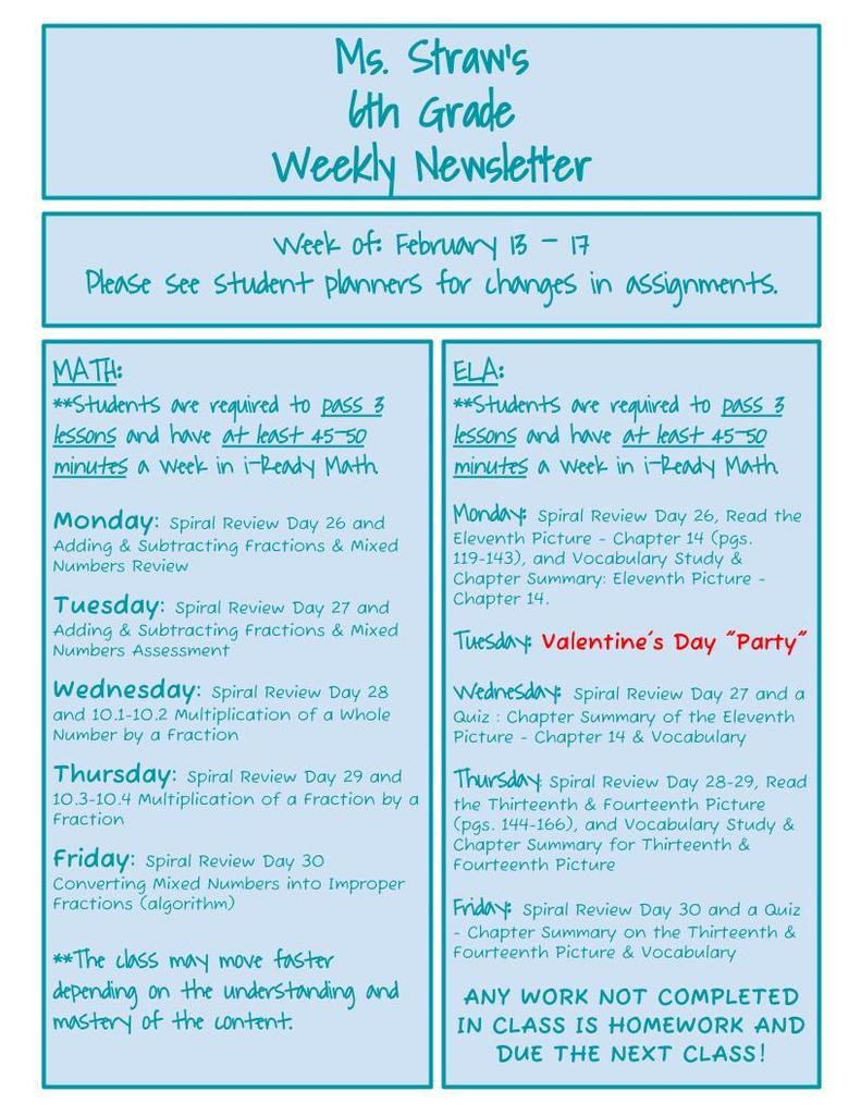 Straw's 6th Grade Newsletter 2.13.23